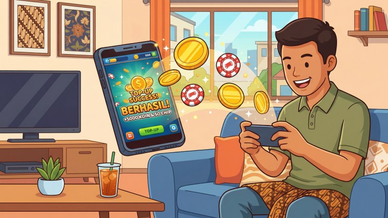 Pemain pemula sedang melakukan top up chip Royal Dream dengan aman dan cepat melalui smartphone