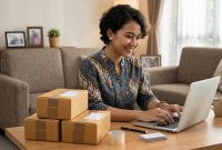 Seorang ibu rumah tangga menjalankan ide usaha rumahan modal kecil dengan mengemas produk dari ruang tamunya