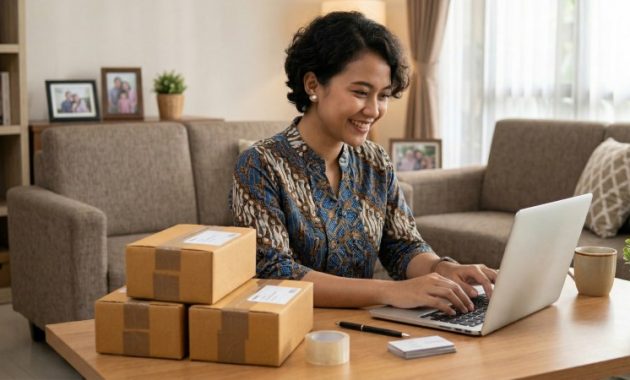 Seorang ibu rumah tangga menjalankan ide usaha rumahan modal kecil dengan mengemas produk dari ruang tamunya