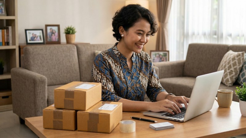 Seorang ibu rumah tangga menjalankan ide usaha rumahan modal kecil dengan mengemas produk dari ruang tamunya