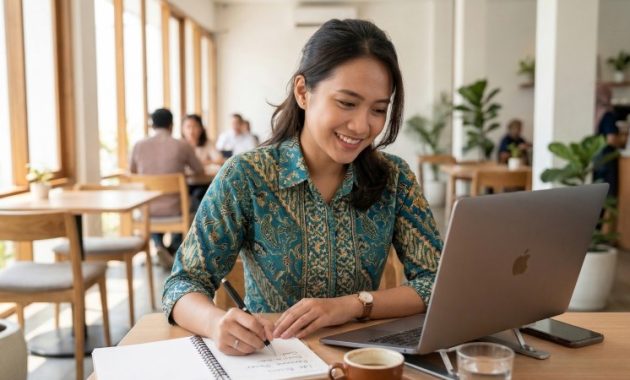 Seorang pemula sedang antusias mencatat ide usaha dan merencanakan bisnis dari nol di buku catatannya.