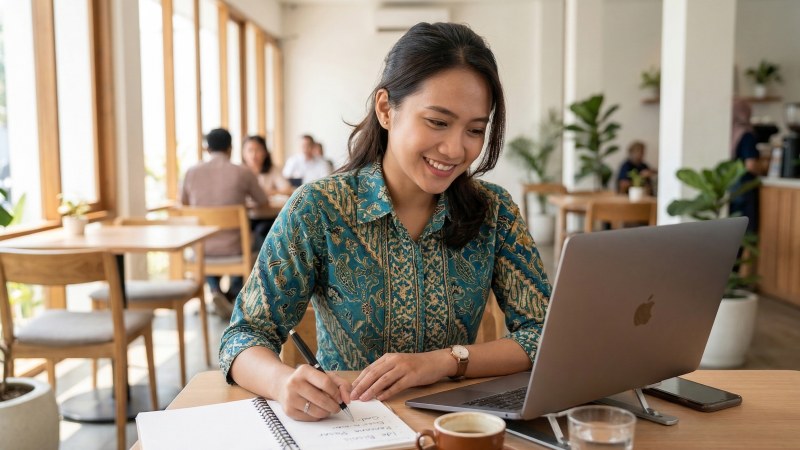 Seorang pemula sedang antusias mencatat ide usaha dan merencanakan bisnis dari nol di buku catatannya.