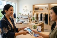 Pengusaha wanita Indonesia sedang melayani transaksi menggunakan mesin EDC di toko