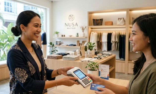 Pengusaha wanita Indonesia sedang melayani transaksi menggunakan mesin EDC di toko