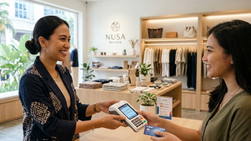 Pengusaha wanita Indonesia sedang melayani transaksi menggunakan mesin EDC di toko