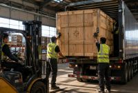 Proses aman kirim barang besar menggunakan armada truk cargo darat