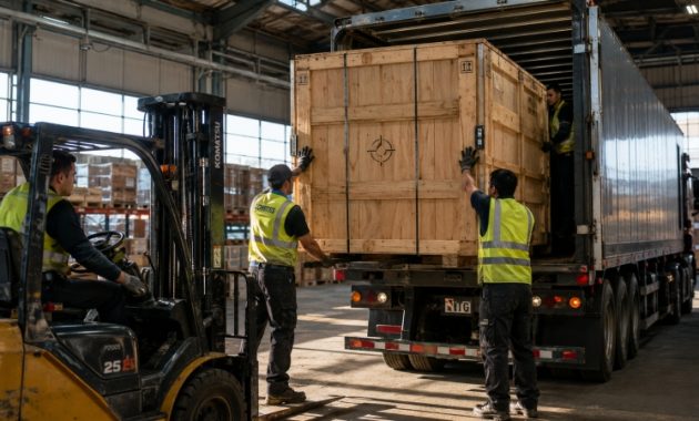 Proses aman kirim barang besar menggunakan armada truk cargo darat