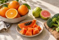 Ilustrasi jeruk, pepaya, jambu biji, dan brokoli sebagai sumber makanan dalam pembahasan fungsi vitamin C.