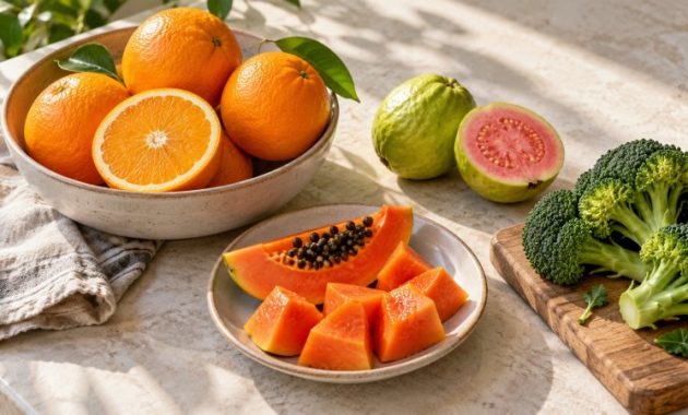 Ilustrasi jeruk, pepaya, jambu biji, dan brokoli sebagai sumber makanan dalam pembahasan fungsi vitamin C.
